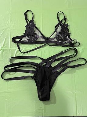 Sheer Black Lace Appliqué Bralette & Strappy Thong Set